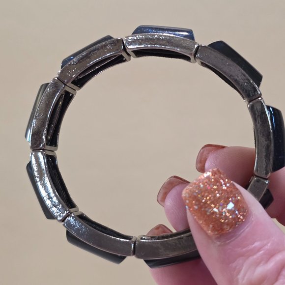 Navy Blue Dome Stones Charcoal Gray Link Stretch Modern Fashion Bracelet - Picture 12 of 12